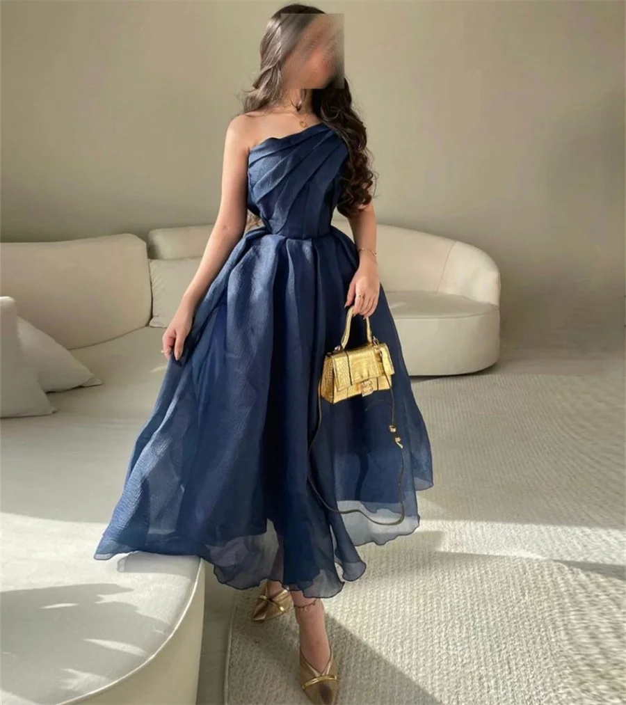 Top Trends: Vintage Organza One Shoulder Navy Blue Prom Dresses With Pleats A-Line Tea Length Robe De Soiree Formal Party Dresses For Women Shoppable Styles