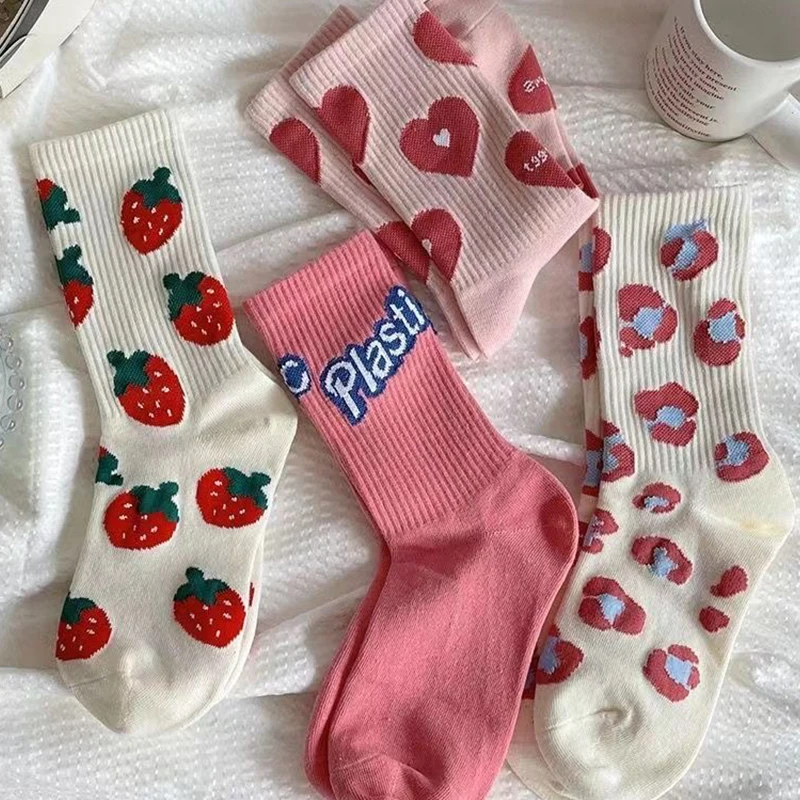 Top Trends: Trendy Pink Heart Strawberry Socks Sweet Love Girl Socks Women's Letter Middle Tube Socks Cute Lovely Fruit Cotton Casual Socks Shoppable Styles