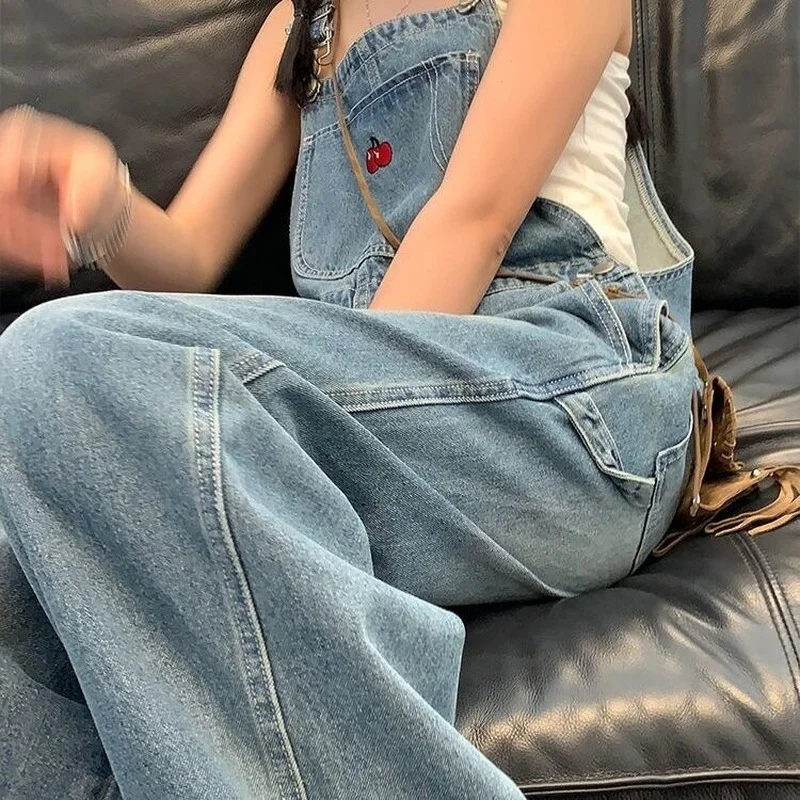 Top Trends: Cherry Embroidered Jean Jumpsuits Women New Vintage Baggy Denim Overalls High Street Straight Loose Wide-leg Pants Female Shoppable Styles