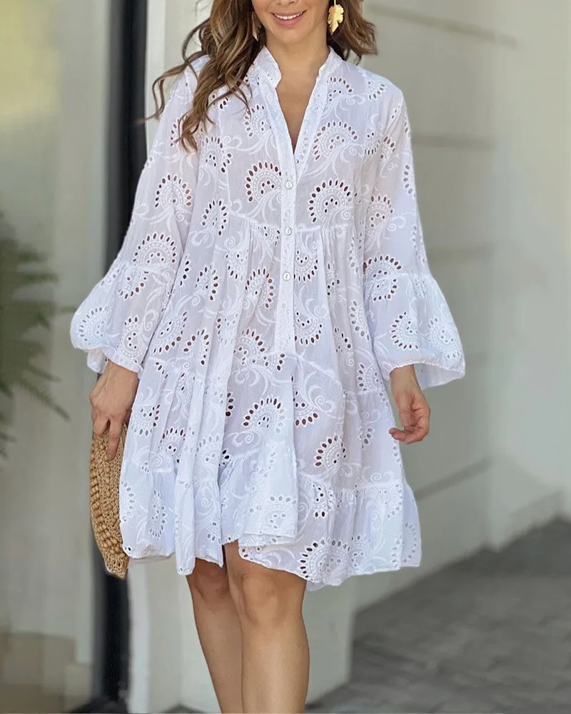 Top Trends: Summer Elegant Vintage Solid Lace Dress V-neck Loose Hollow Out Pattern Embroidery Vestidos Women Beach Sexy Mini Dresses Shoppable Styles