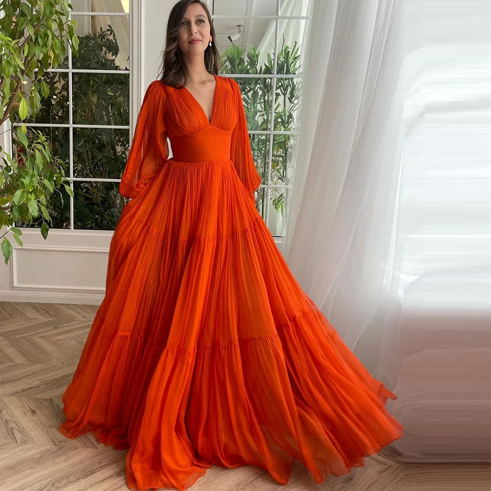 Top Trends: Sevintage Orange Chiffon Prom Dresses V-Neck Long Sleeves Pleat Ruched A-Line Evening Gowns Wedding Party Dress 2023 Shoppable Styles