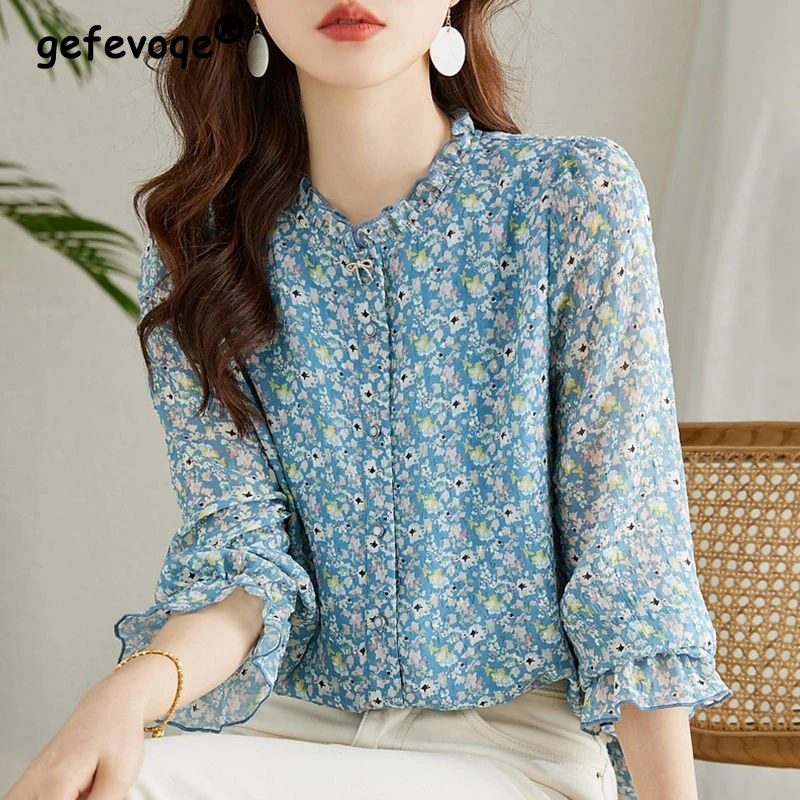 Top Trends: Women Ruffle Floral Print Sweet Elegant Shirts Trendy Stand Collar Long Sleeve Loose Blouses Bow Decoration Chic Tops Ropa Mujer Shoppable Styles