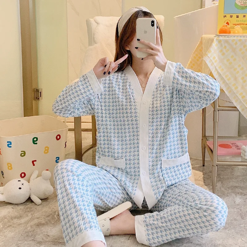 Top Trends: 100% Cotton Plaid V-Neck Maternity Pajamas Set For Spring Autumn Pregnant Woman Sleep Lounge Nursing Sleepwear Breastfeeding Shoppable Styles