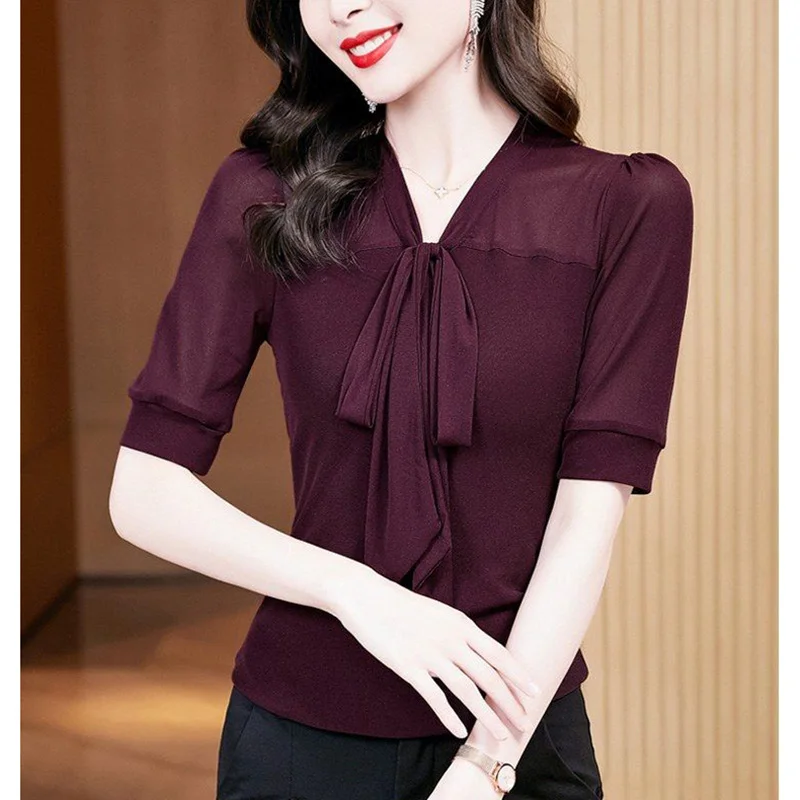 Top Trends: Elegant V-Neck Spliced Loose Folds Lace Up Bow Blouse Women's Clothing 2023 Summer New Casual Pullovers Tops Office Lady Shirt Shoppable Styles - Image 5