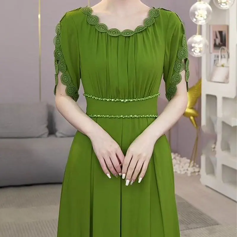 Top Trends: Summer Elegant Petal Sleeve Dresses Stylish Lace Spliced Pleated Women&#039;s Clothing Waist Chic Beading Casual O-Neck Long Dress Shoppable Styles