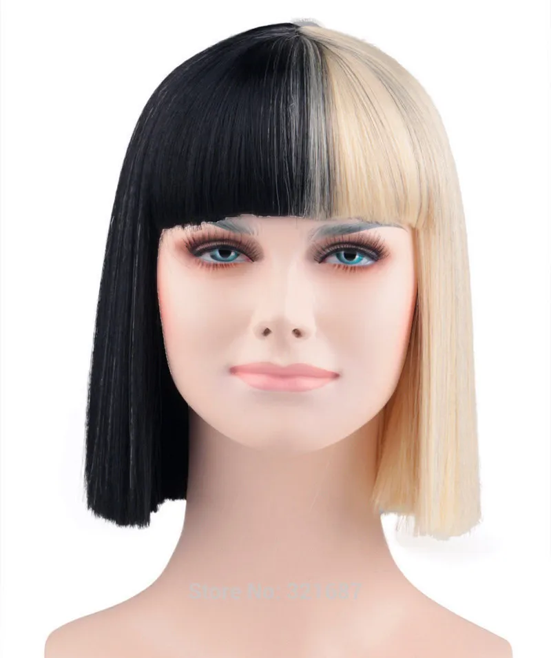 Top Trends: Sia Cosplay Wig Alive Bangs Trim To Eyes Half Black And Blonde Medium Heat Resistant Hair Wigs + Wig Cap Shoppable Styles