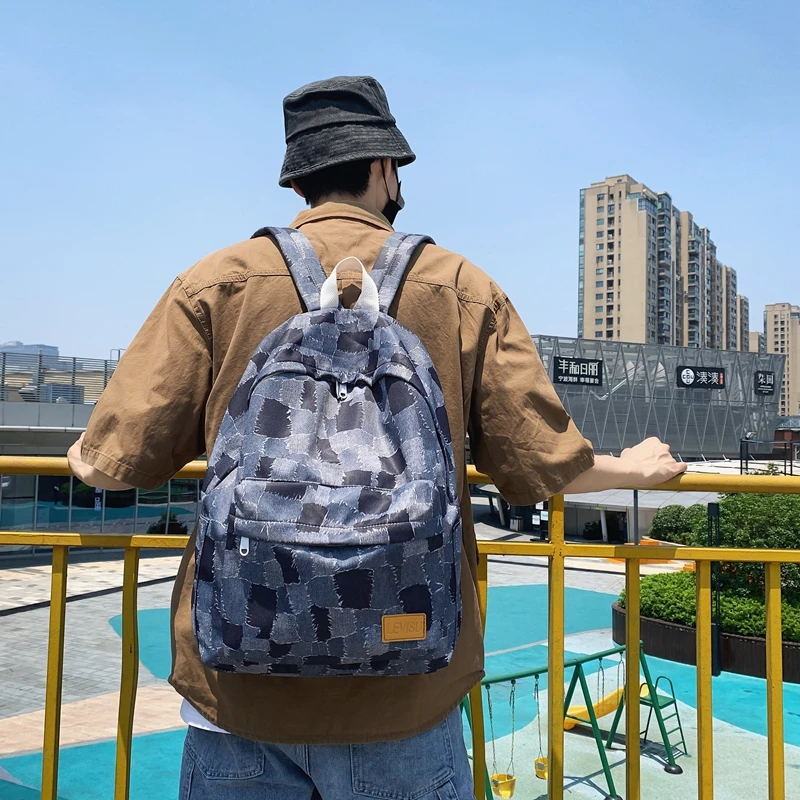 Top Trends: 2021 Unisex Jean Plaid Laptop Backpack Travel Denim Daily Backpack Korean Fashion Schoolbags High Capacity Casual Shoulders Bag Shoppable Styles