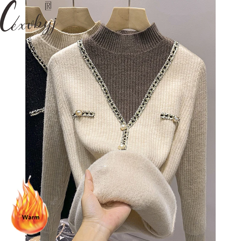 Top Trends: Plus Velvet Fake 2 Peice Sweater Women Korean Patchwork Long Sleeve Knitted Jumper Autumn Winter Half Turtleneck Knitwear Top Shoppable Styles