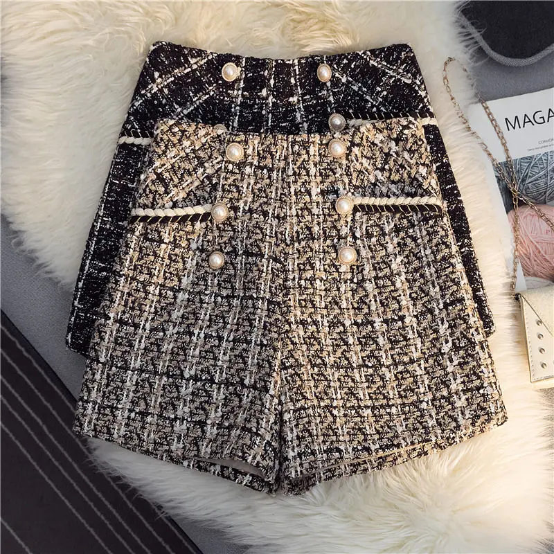 Top Trends: Xiaoxiangfeng Shorts Women&#039;s Autumn And Winter New Fashion High Waisted Zipper Plaid Button Pockets Woolen A-line Wide Leg Pants Shoppable Styles