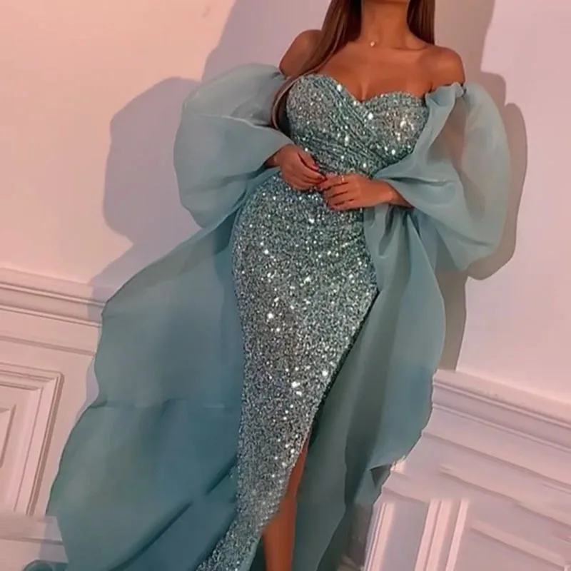 Top Trends: 2022 New Hot Sale Sexy Mesh Wrap Sheath Prom Evening Dress Deep V Neck Long Sleeve Side Slit Mermaid Evening Dress Shoppable Styles