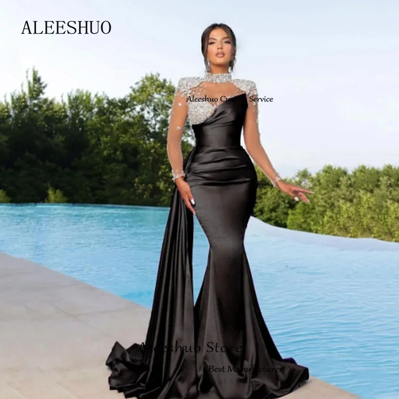 Top Trends: Aleeshuo Luxury Beading Mermaid Satin Prom Dresses Long Sleeve Halter Sweetheart Evening Dress Formal Occasions Vestido De Noche Shoppable Styles - Image 4