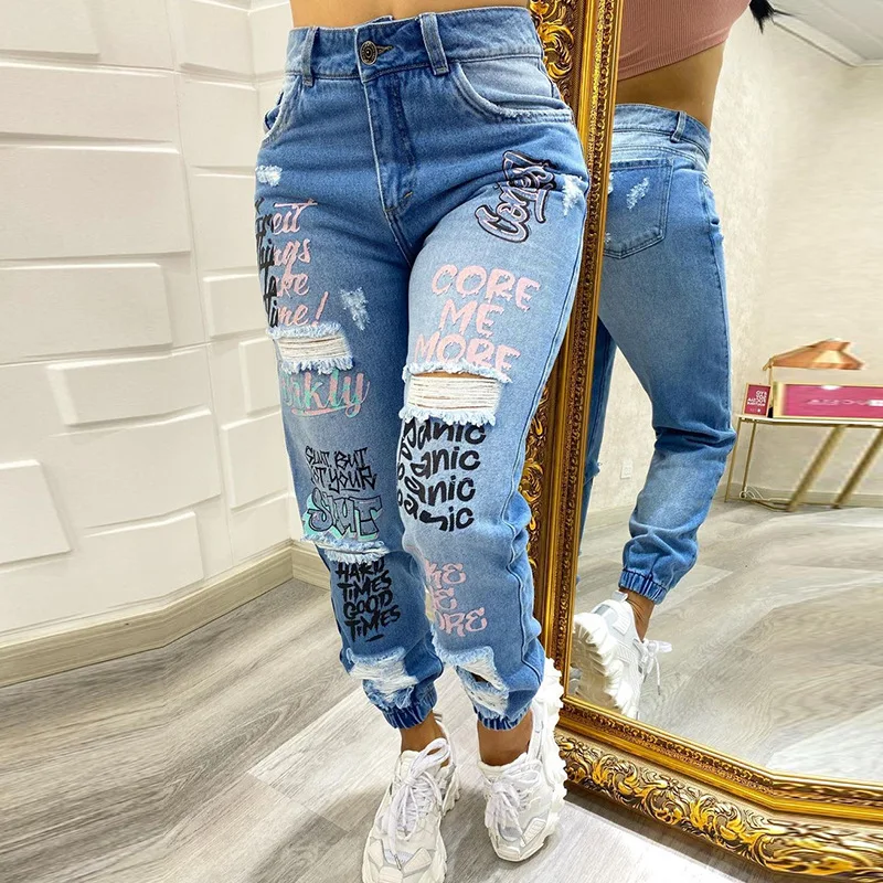 Top Trends: Women&#039;s Jeans Spring Autumn Fashion Letter Print Tear Casual Button Pocket Design High Waist Skinny Cuffed Jeans Y2k Streetwear Shoppable Styles