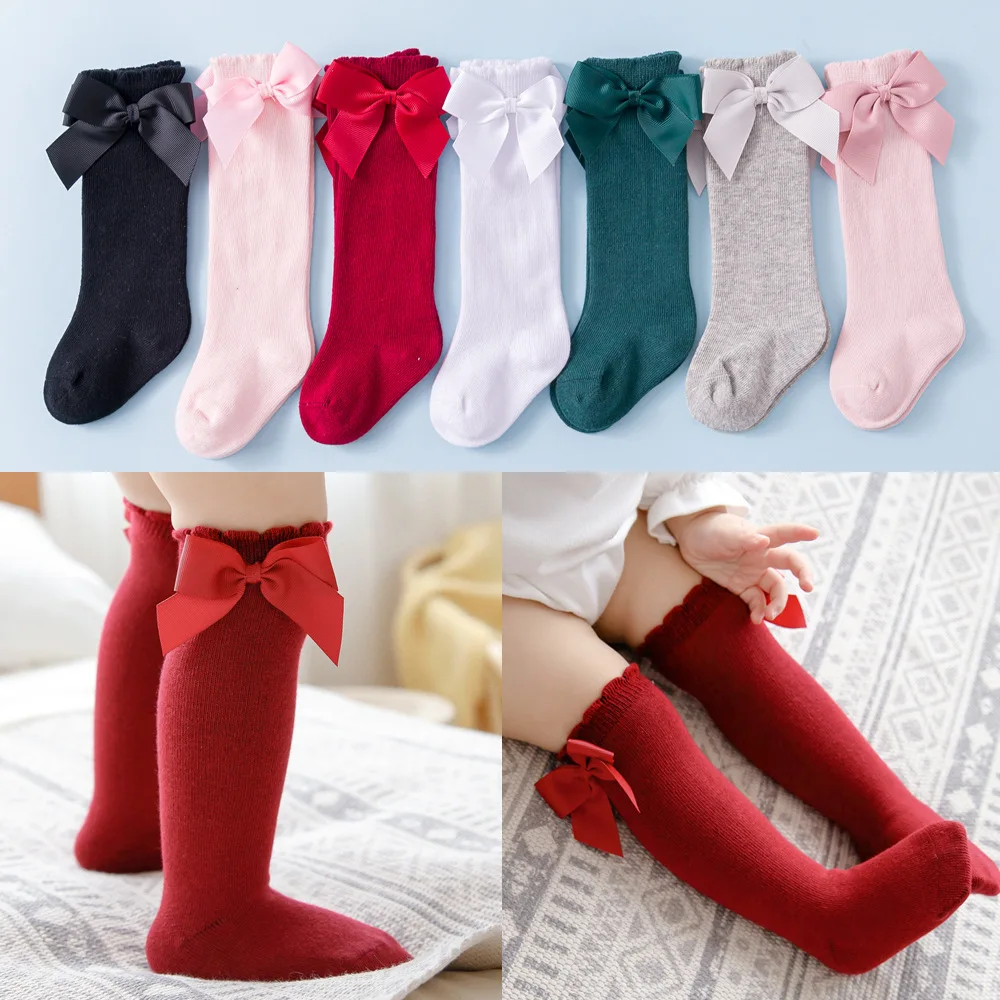 Top Trends: Girls Solid Socks With Bows 100% Cotton Baby Children Sock Soft Toddlers Long Socks Kids Princess Knee High Socken For 0-7 Year Shoppable Styles