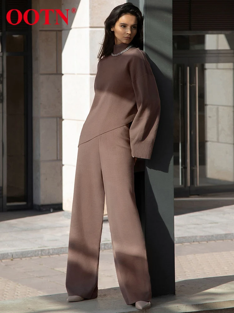 Top Trends: OOTN Elegant Brown Pant Sets Turtleneck Irregular Sweater Outfits 2 Piece High Waist Wide Leg Pant Suit Women 2024 Autumn Winter Shoppable Styles