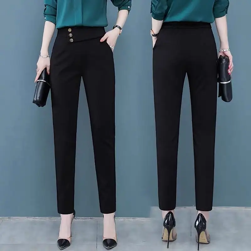 Top Trends: Spring And Autumn Women&#039;s Solid Color Elastic Waist Button Pocket Harun Loose Fit High Waist Straight Sleeve Fashion Pants Shoppable Styles