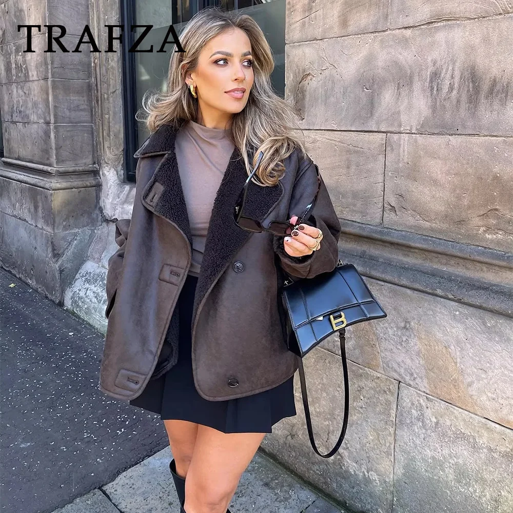 Top Trends: TRAFZA 2023 Autum Winter Vintage Woman Leather Coats Loose Fur Women Jacket Single Breasted Pocket Thick Casual Jackets Parkas Shoppable Styles