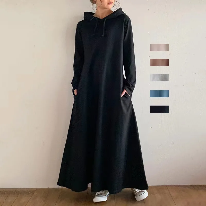 Top Trends: New 2023 Autumn / Winter Solid Color Sweatshirt Dress Women&#039;s Loose Relaxed Dress Warm Pocket Hooded Sweater Long Dress Shoppable Styles