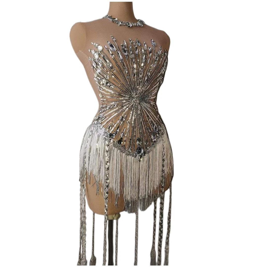 Top Trends: Sparkly Rhinestones Sequins Fringe Dress For Women Sexy Mesh Fringe Birthday Celebrate Party Queen Show Stage Wear Shoppable Styles