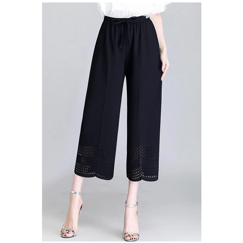 Top Trends: 2023 Fashionable Loose Fitting Casual High Waisted Lace Up Hollowed Out Jacquard Temperament Versatile Nine Point Wide Leg Pants Shoppable Styles