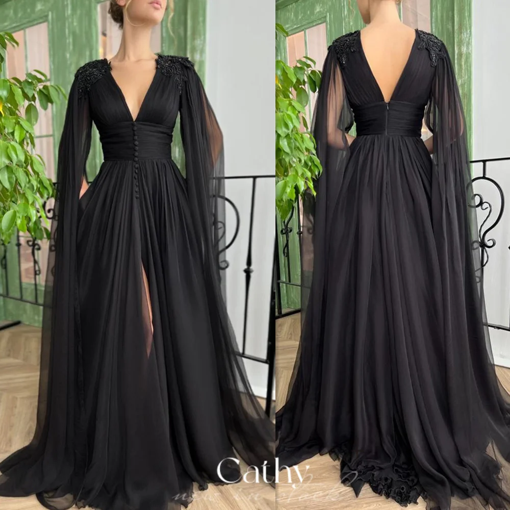 Top Trends: Cathy Black Cape Floor Length Prom Dress Sexy Side Split Evening Gown Princess Tulle A-line Prom Dresses Vestidos De Fiesta Shoppable Styles