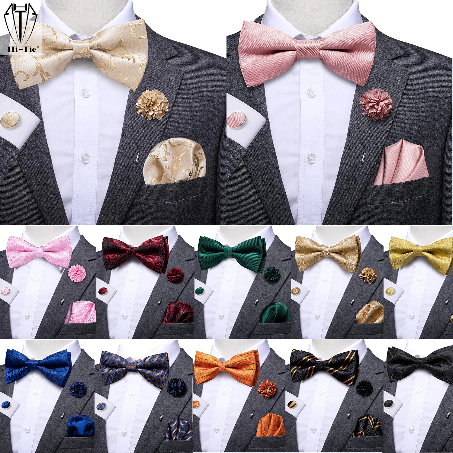 Top Trends: Hi-Tie Brand Silk Mens Bowtie Hankerchief Cufflinks Brooch Set Jacquard Butterfly Knot Bow Tie For Men Groomsman Wedding Gift Shoppable Styles