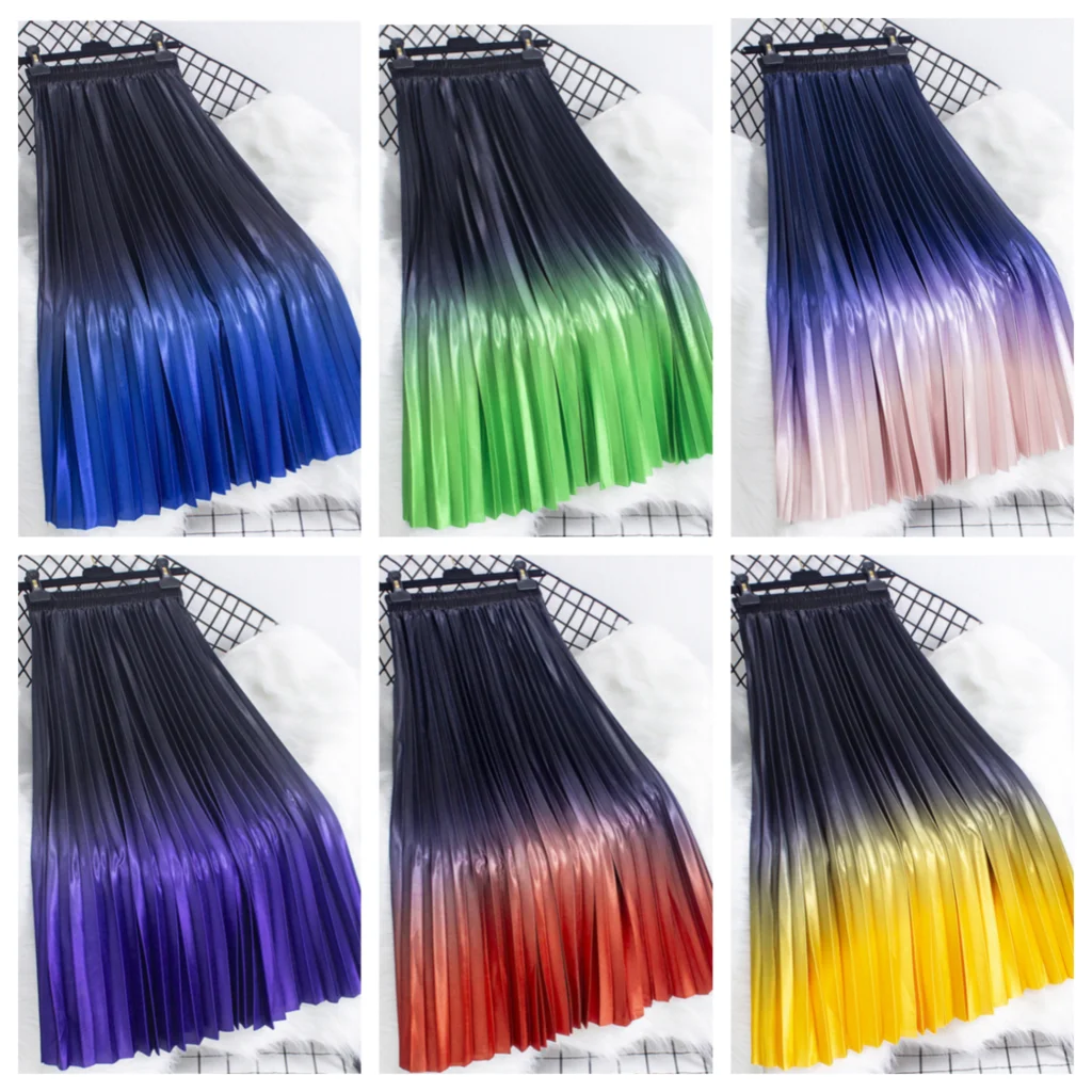 Top Trends: 2023 Pleated Midi Skirts Womens Satin Tie Dye Gradient High Waist Long Skirt Stylish Casual Elegant Faldas Female Jupe Shoppable Styles