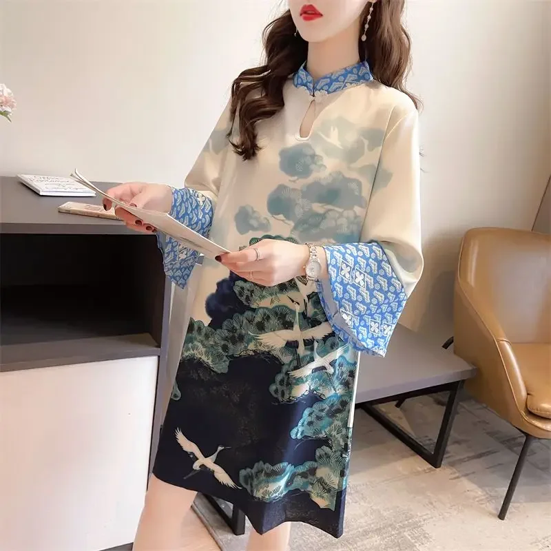 Top Trends: DAYIFUN Chinese Style Dresses 2024 Summer New Stand Collar Print Tshirt Lady Temperament Loose Middle Sleeve Cheongsam Dress Shoppable Styles