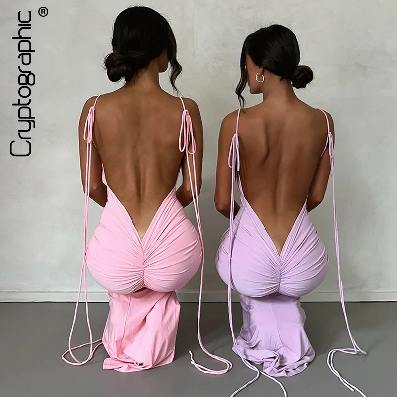 Top Trends: Cryptographic Spaghetti Strap Sexy Backless Maxi Dress Outfits Women Elegant Birthday Vestido Summer Club Party Ruched Dresses Shoppable Styles