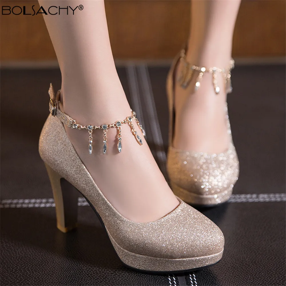 Top Trends: Spring Gold High Heels Platform Woman Pumps Autumn 2023 Luxury Crystal Ankle Ctrap Wedding Shoe Tacones Mujer Silver Pink 31-43 Shoppable Styles