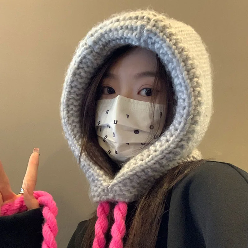 Top Trends: Handmade Knitted Wool Korea Lace Up Hat Winter Thicken Neck Ear Protection Hooded Shawl Balaclava Hat Scarf Set Cap Accessories Shoppable Styles