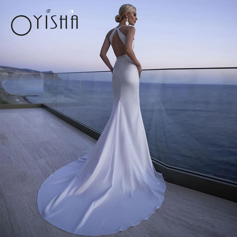 Top Trends: OYISHA Elegant Backless Wedding Dress Mermaid Halter Simple Satin Bridal Gown Deep V-Neck Beadings Belt Robe De Mariée For Bride Shoppable Styles