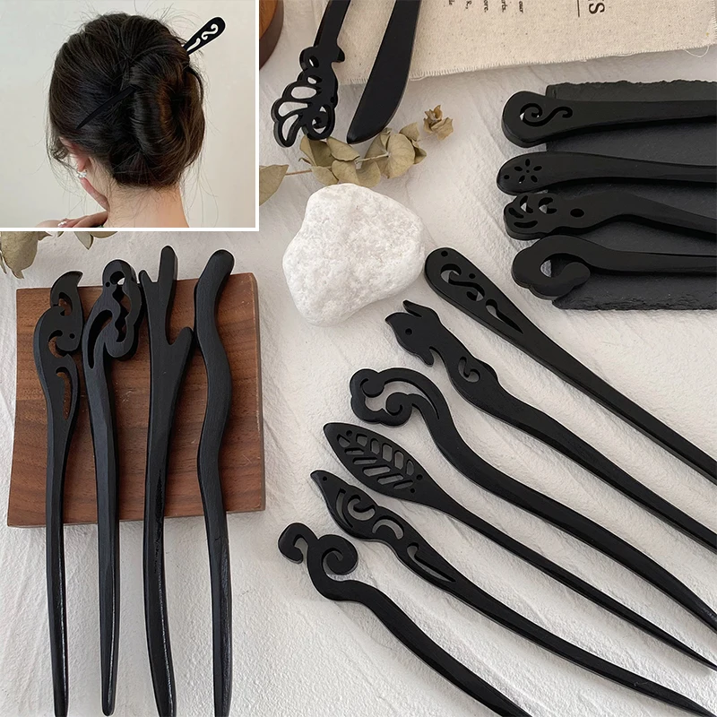 Top Trends: Traditional Wooden Black Hair Sticks Chinese Style Hairpins Carved Wood Hair Fork Vintage Chop Stick Headwear For Women Jewelry Shoppable Styles