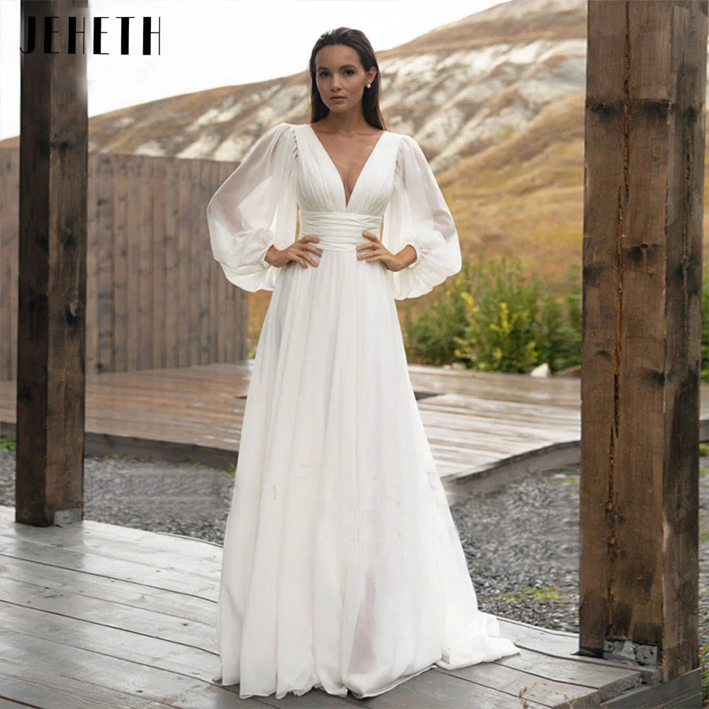 Top Trends: JEHETH Simple Puff Sleeve Wedding Dress Bridal Long A Line Backless Beach Bride Gown Sweep Train Chiffon Robe De Mariée Vestidos Shoppable Styles