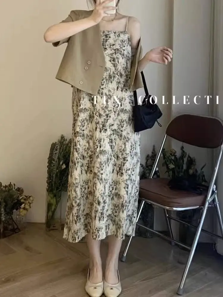 Top Trends: 2 Piece Sets Dress For Women Elegant Short Sleeve Blazer Suit + Print Spaghetti Strap Long Summer Dress New In Matching Sets Shoppable Styles - Image 3