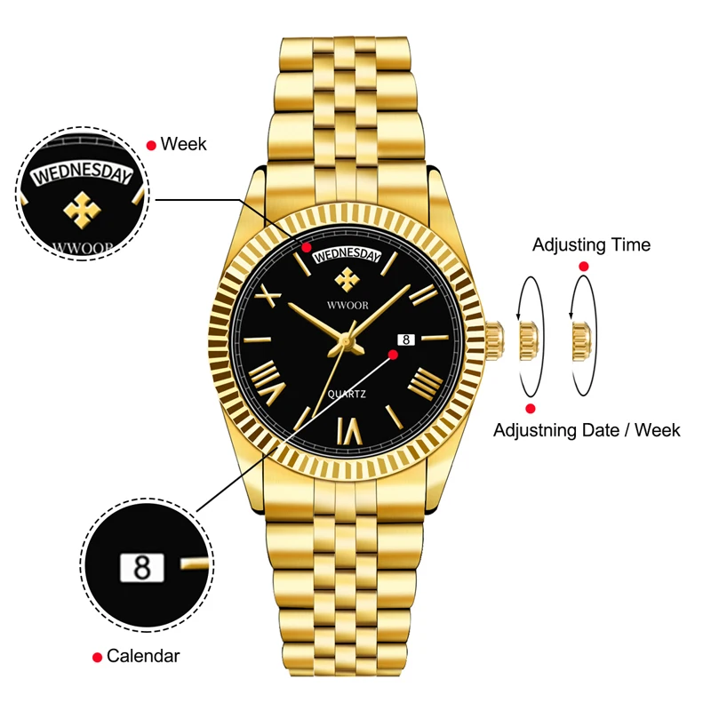 Top Trends: WWOOR New Gold Watches Mens Luxury Stainless Steel With Calendar Warterproof Male Clock Week Quartz Wristwatch Relogio Masculino Shoppable Styles - Image 2