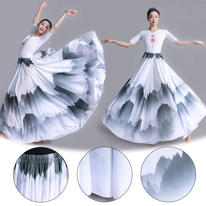 Top Trends: 360 / 720 Degree Chinese Style Ink Painting Skirt Big Swing Chiffon Skirt Lady Classical Dance Skirts Practice Performance Dress Shoppable Styles