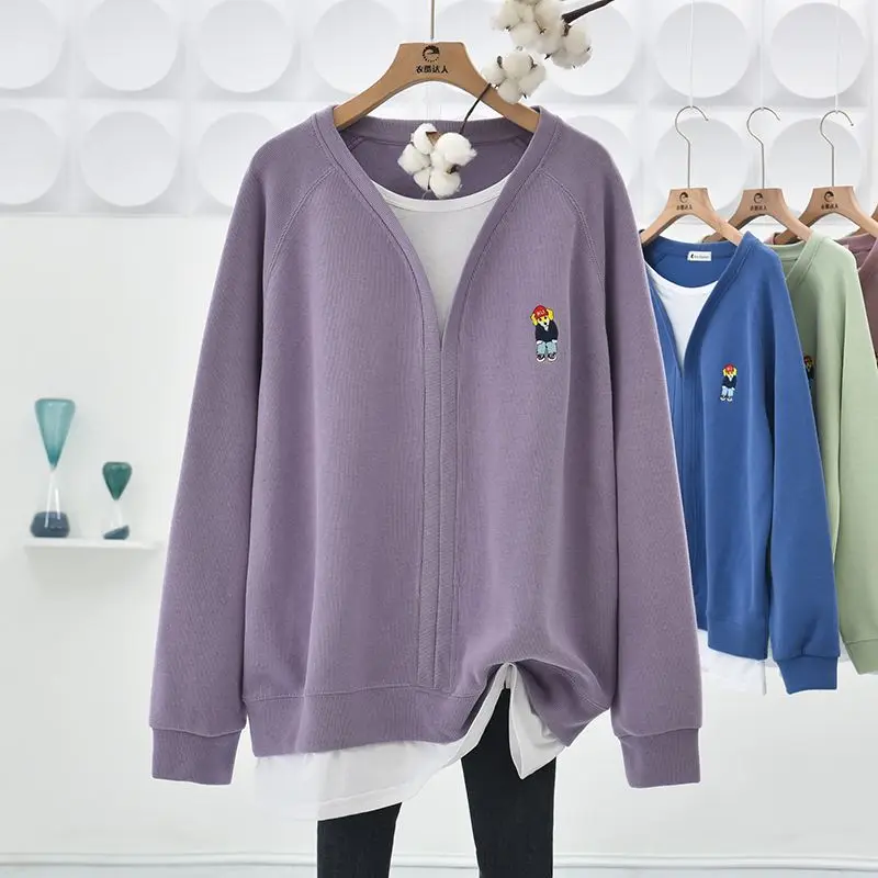 Top Trends: Fashion O-Neck Spliced Cartoon Embroidery Sweatshirts Female Clothing 2023 Autumn Winter Casual Tops Fake Two Pieces Sweatshirts Shoppable Styles