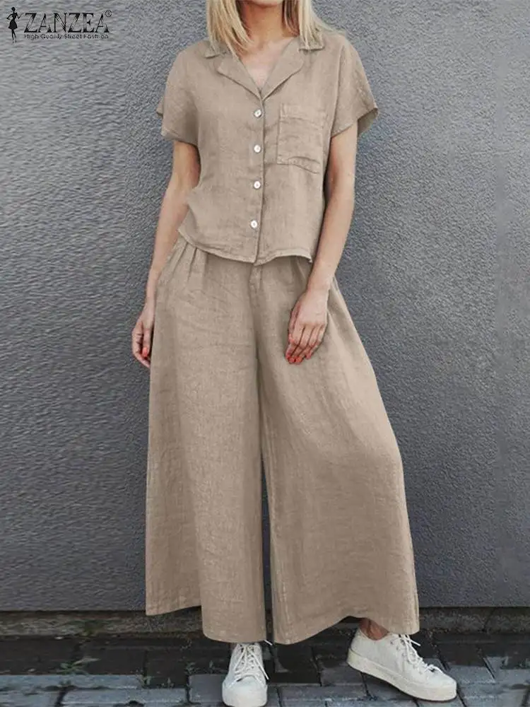 Top Trends: ZANZEA Women 2023 2PCS Suits Matching Sets Summer Wide Leg Pants Pants Sets Lapel Neck Short Sleeve Blouse Elegant OL Shoppable Styles - Image 4