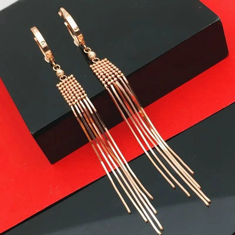 Top Trends: 585 Purple Gold Plated 14k Rose Gold Soft Chain Fringe Bead Drop Earrings For Women Classic Wedding Jewelry For Girlfriend Shoppable Styles