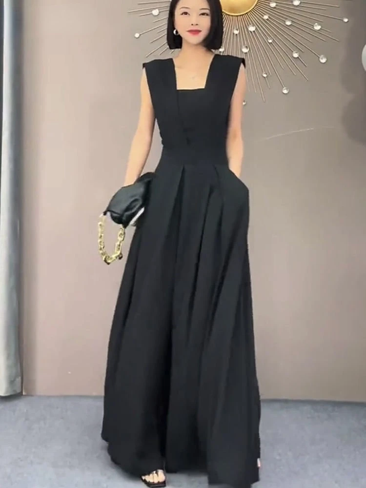 Top Trends: 2023 New Long Jumpsuits Women Black Trendy Loose Retro Summer Feminine Office-look Sleeveless Simple Elegant Solid Evening Dress Shoppable Styles