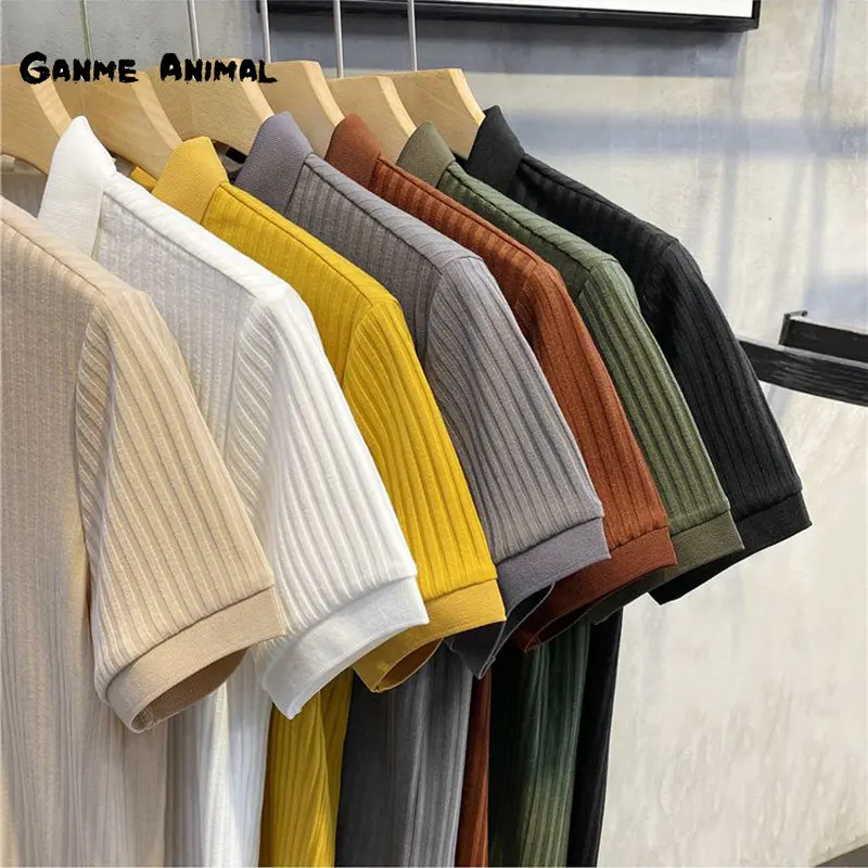 Top Trends: Korean Summer Mens Solid Color Turn-Down Collar Men's Button Plus Size T-shirt Short Sleeved Strip Tee Shoppable Styles