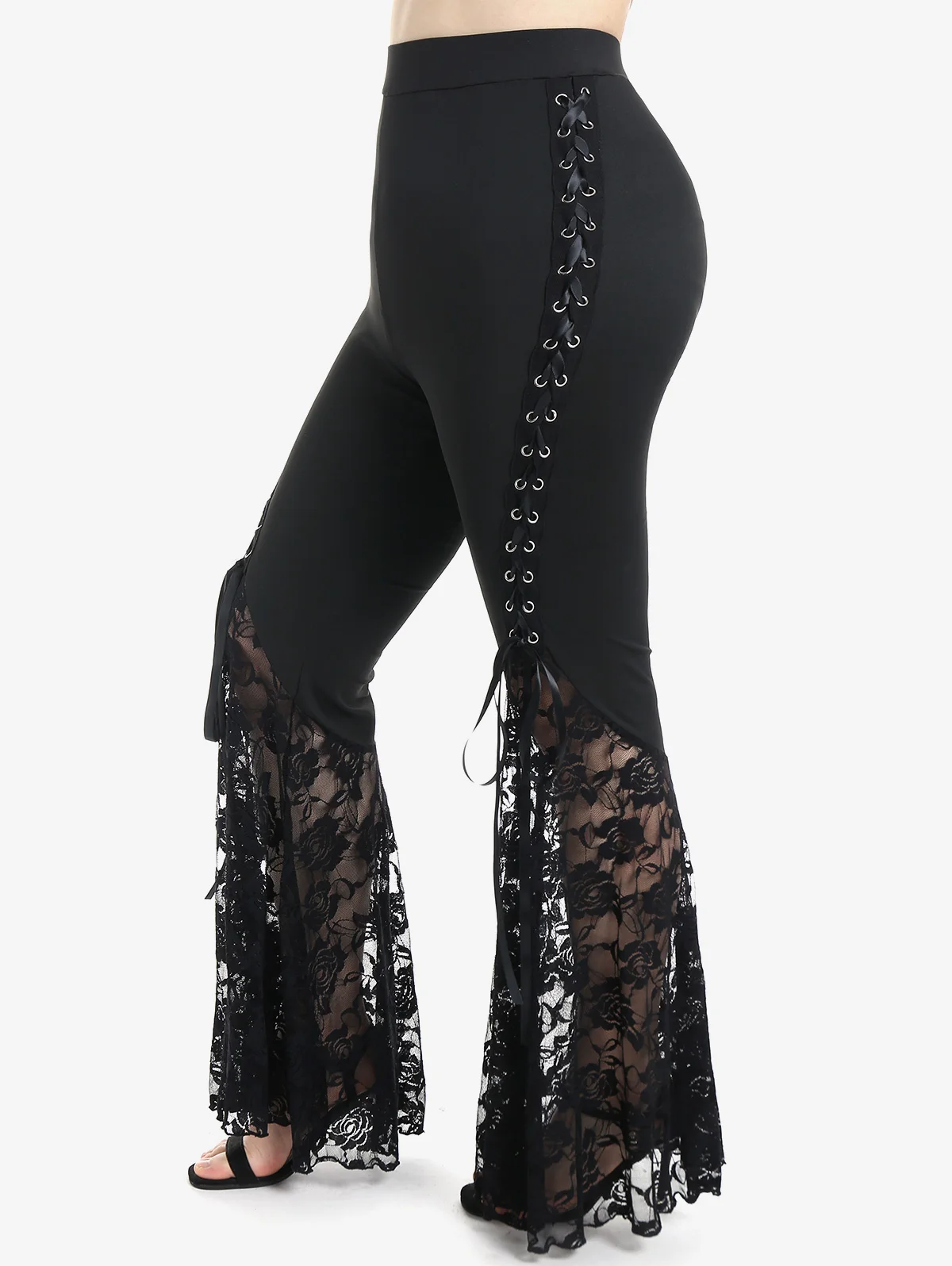 Top Trends: ROSEGAL Gothic Black Lace Panel Flare Pants With Lace-Up Women High Waist Overlength Skinny Leggings Pleated Pull On Trousers 4X Shoppable Styles