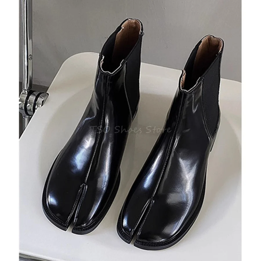 Top Trends: Black Leather Split Toe Boots Horseshoe Short Boots For Men And Women British Square Toe Booties Casual Ankle High Chelsea Boots Shoppable Styles