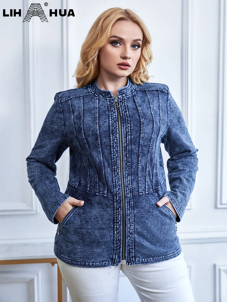 Top Trends: LIH HUA Women's Plus Size Denim Jacket Autumn Chic Elegant Jacket For Chubby Women Round Neck Knitted Cotton Jacket Shoppable Styles