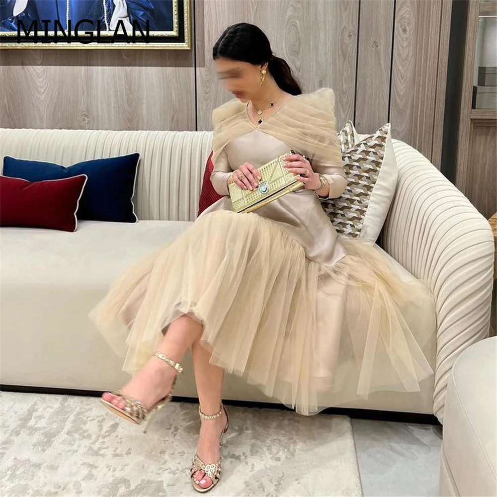 Top Trends: MINGLAN Fashion V Neck Lace Full Sleeve A Line Long Formal Prom Dress Tea Length Pleat Elegant Evening Gowns For Women New 2023 Shoppable Styles