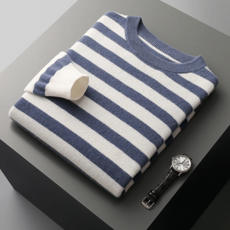 Top Trends: 2023 Autumn And Winter New Men's Cashmere Sweater 100% Pure Wool Classic Striped Round Neck Loose Pullover Bottoming Sweater Shoppable Styles