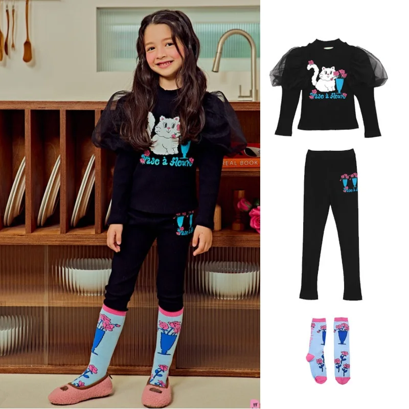 Top Trends: Girls Bottoming Shirt Set 2023 Fall Cartoon Bubble Sleeve Girls Long Sleeve T-shirt Cotton Black Leggings Children&#039;s Clothing Shoppable Styles