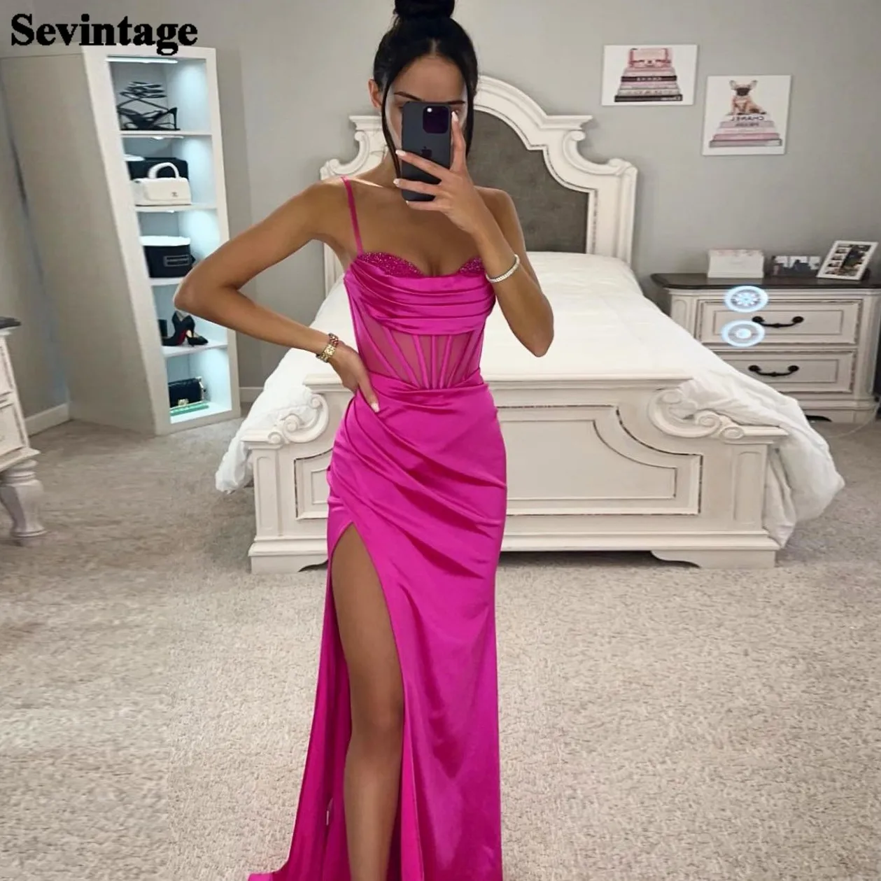 Top Trends: Sevintage Bright Fuchsia Silk Satin Prom Dresses Appliques Pleats Women Formal Evening Dress Split Side Spaghetti Strap Outfits Shoppable Styles