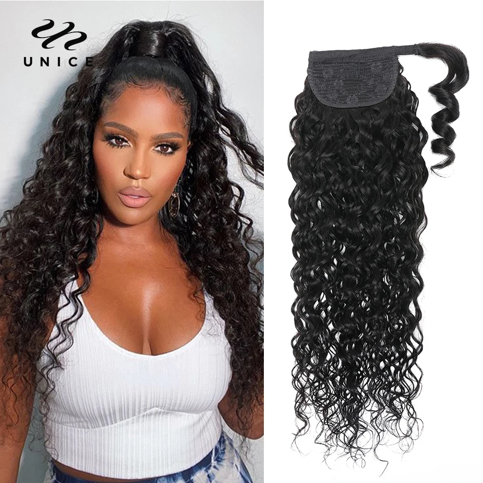 Top Trends: Unice Hair Clip In Ponytail Hair Extension Kinky Curly Human Hair Wrap Around 100g Pony Tail Hair Piece Body / Straight / Water Wave Shoppable Styles