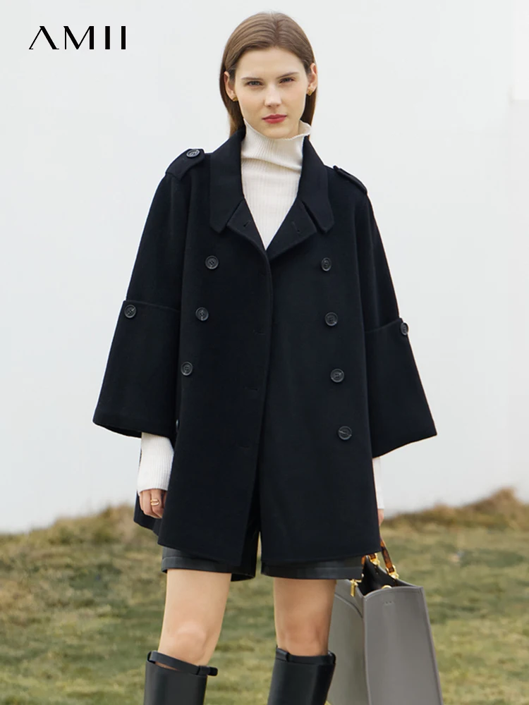 Top Trends: AMII Minimalist England Style Women Woolen Coat 2023 Winter New Loose Casual Double Breasted Office Lady Solid Blends 12344021 Shoppable Styles